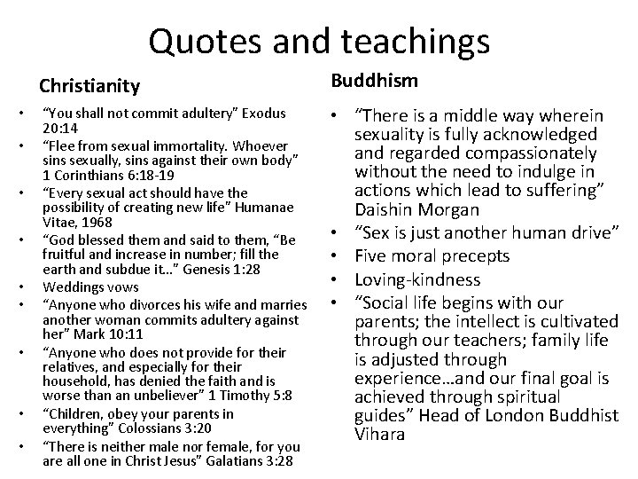 Quotes and teachings • • • Christianity Buddhism “You shall not commit adultery” Exodus