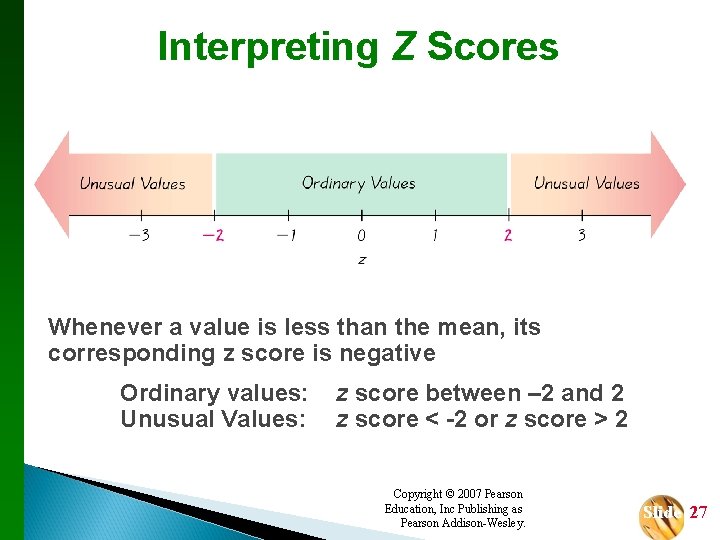 Interpreting Z Scores Whenever a value is less than the mean, its corresponding z