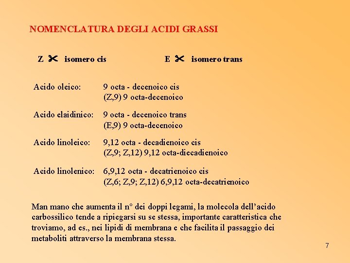 NOMENCLATURA DEGLI ACIDI GRASSI Z isomero cis E isomero trans Acido oleico: 9 octa