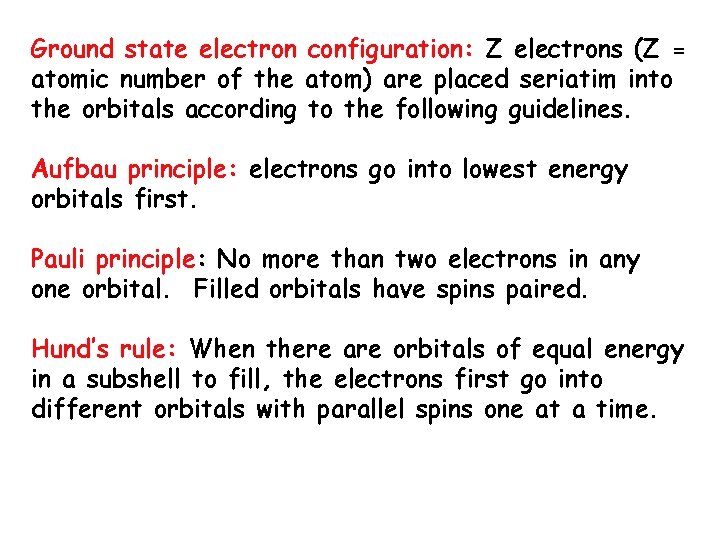 Ground state electron configuration: Z electrons (Z = atomic number of the atom) are