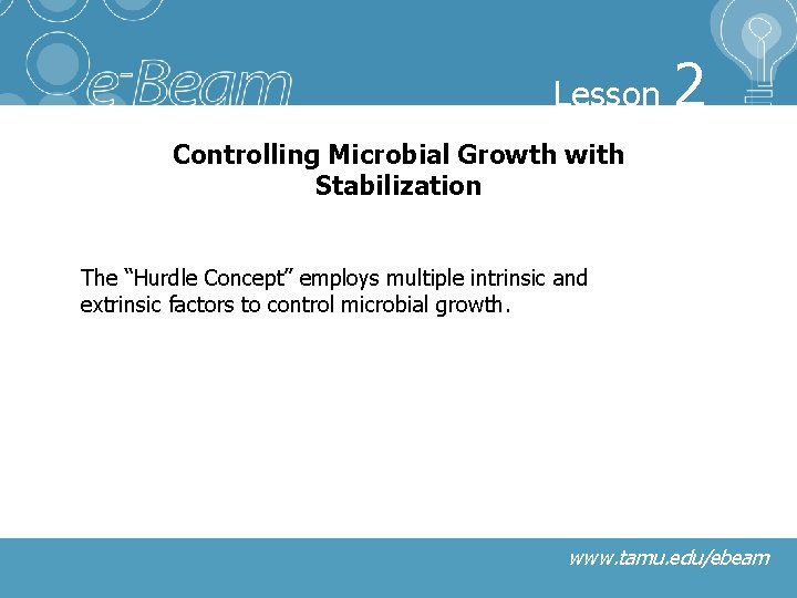 Lesson 2 Controlling Microbial Growth with Stabilization The “Hurdle Concept” employs multiple intrinsic and