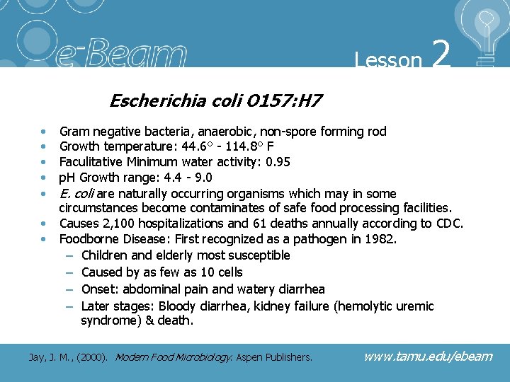 Lesson 2 Escherichia coli O 157: H 7 • • Gram negative bacteria, anaerobic,
