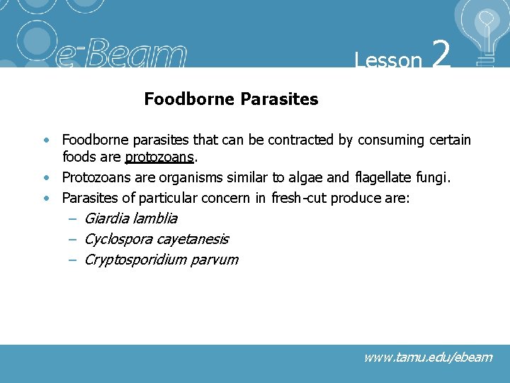 Lesson 2 Foodborne Parasites • Foodborne parasites that can be contracted by consuming certain