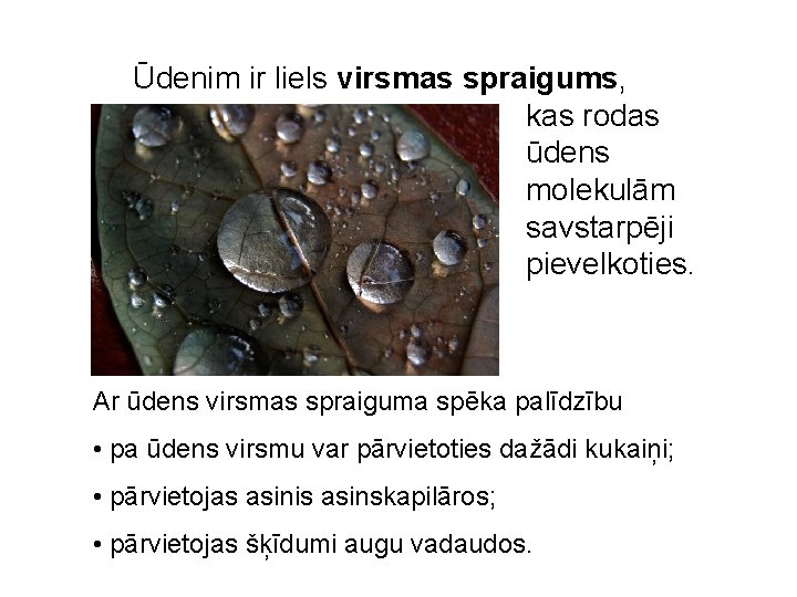 Ūdenim ir liels virsmas spraigums, kas rodas ūdens molekulām savstarpēji pievelkoties. Ar ūdens virsmas