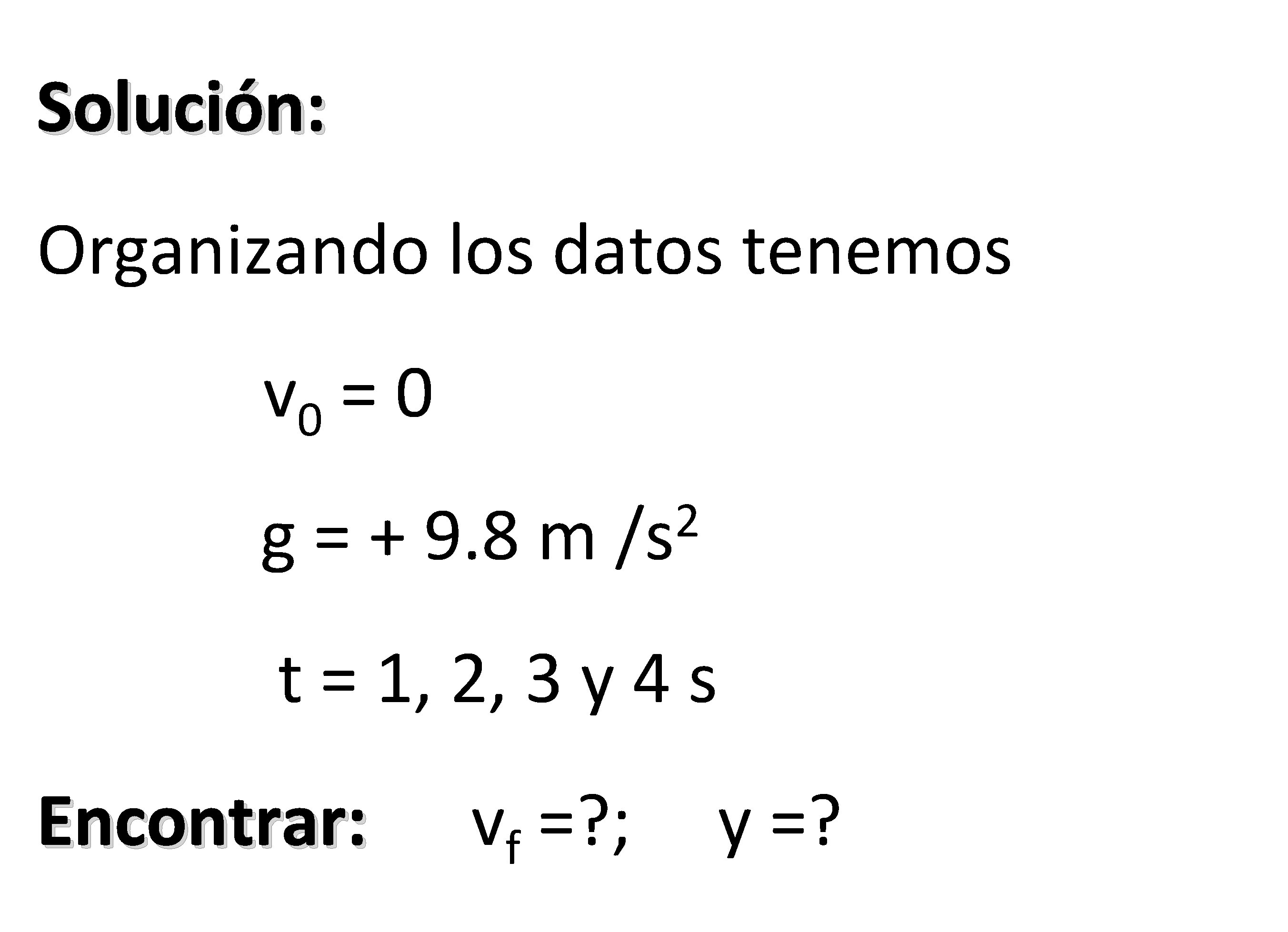 Solución: Organizando los datos tenemos v 0 = 0 g = + 9. 8