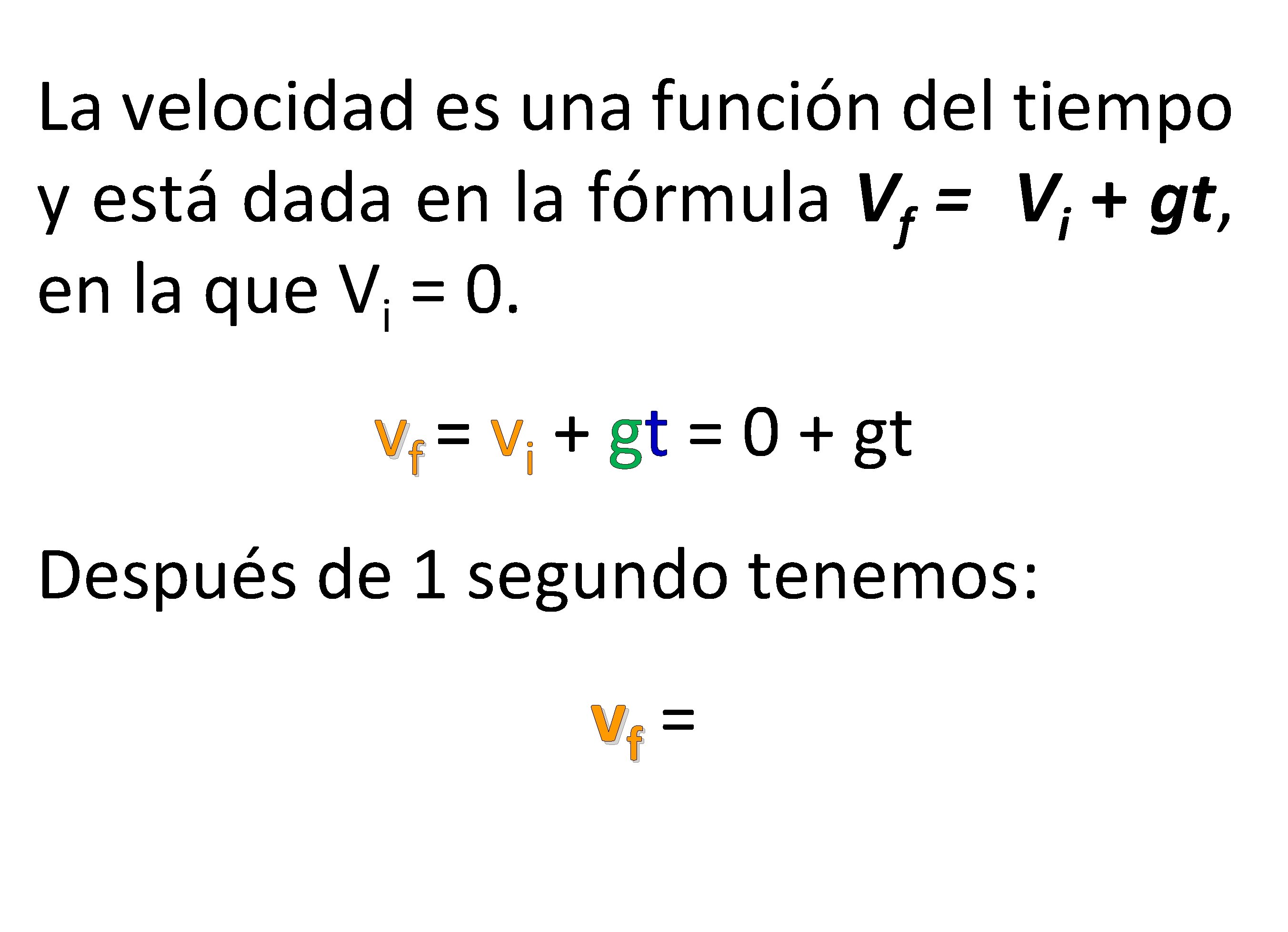 La velocidad es una función del tiempo y está dada en la fórmula Vf