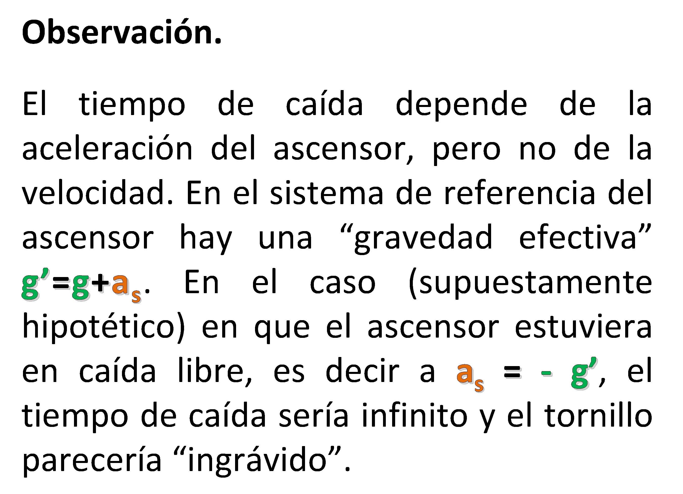 Observación. El tiempo de caída depende de la aceleración del ascensor, pero no de