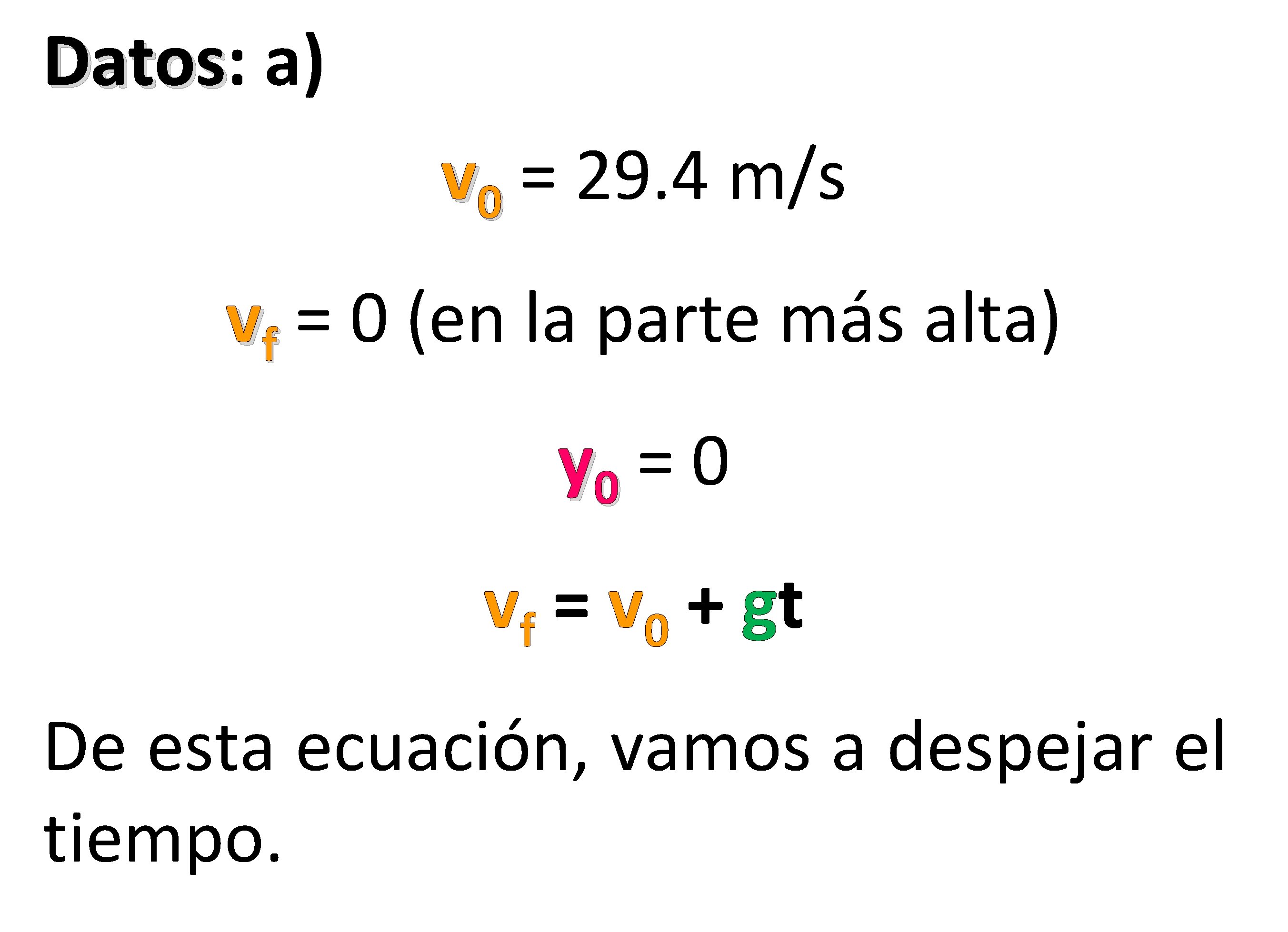 Datos: Datos a) v 0 = 29. 4 m/s vf = 0 (en la