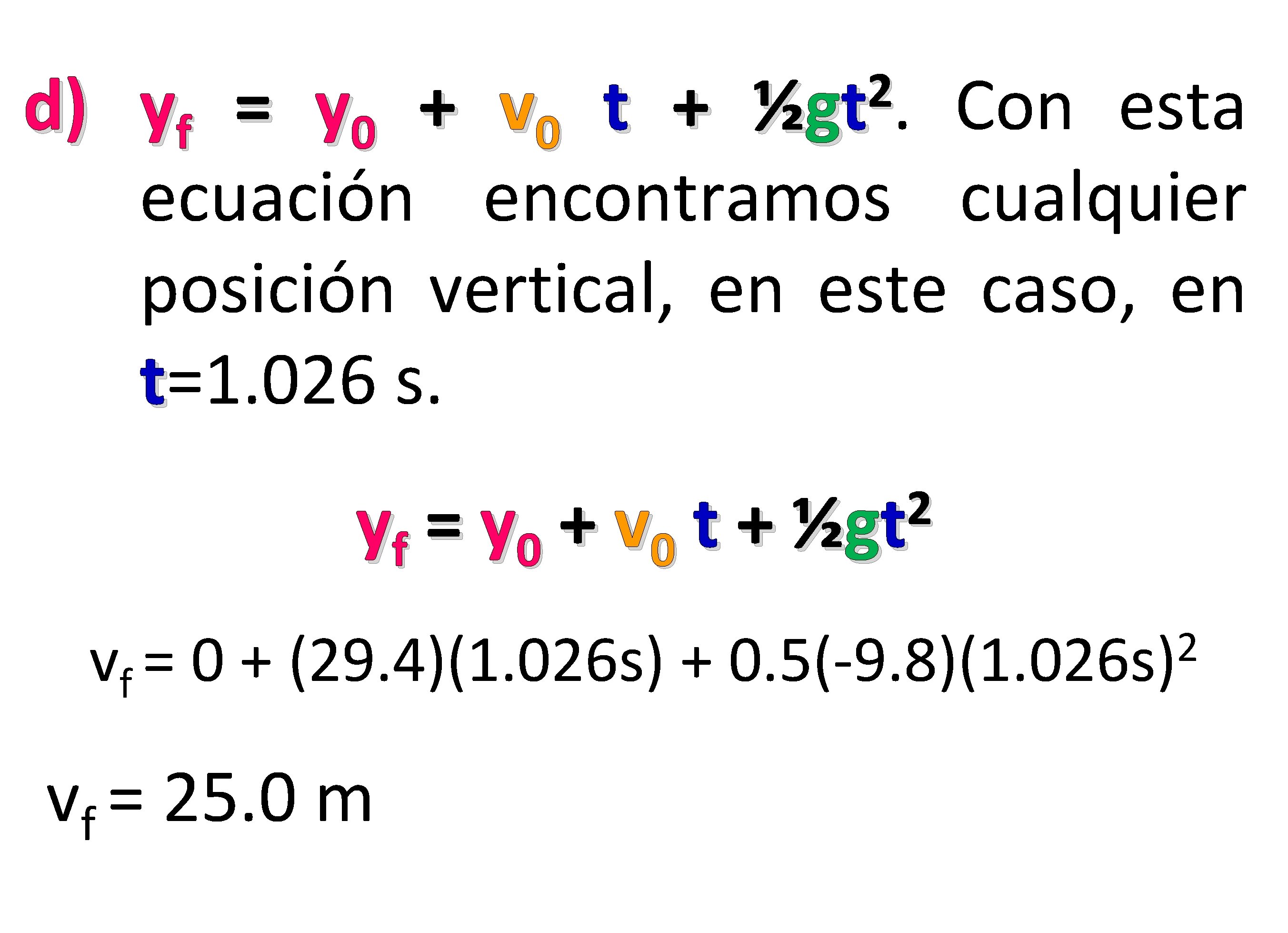 d) yf = y 0 + v 0 t + Con esta ecuación encontramos