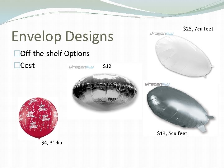 Envelop Designs �Off-the-shelf Options �Cost $25, 7 cu feet $12 $13, 5 cu feet