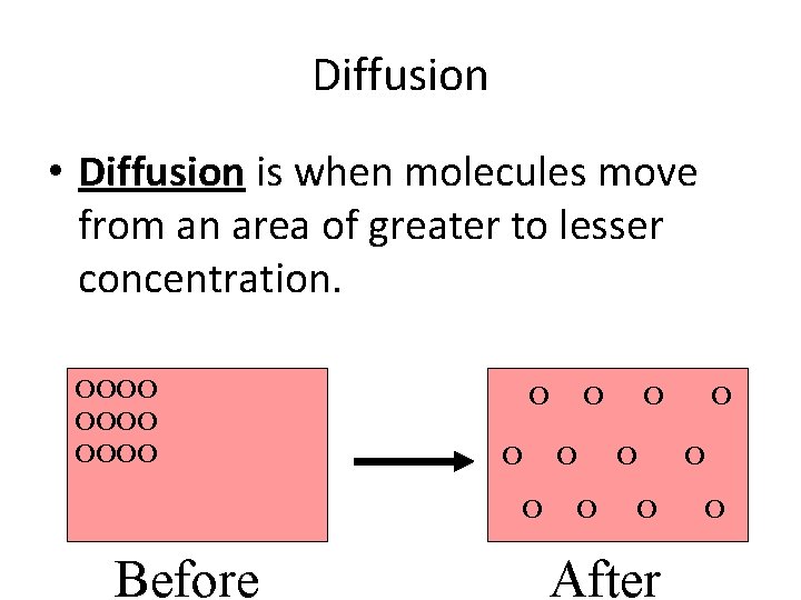 Diffusion • Diffusion is when molecules move from an area of greater to lesser
