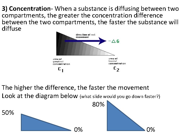 3) Concentration- When a substance is diffusing between two compartments, the greater the concentration
