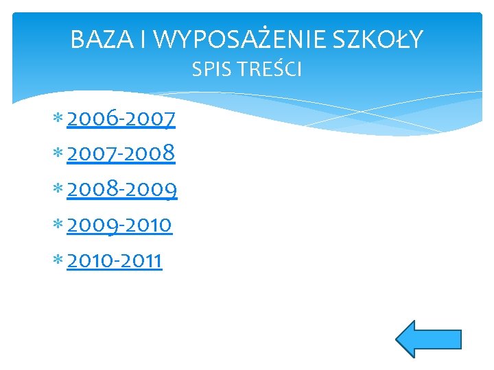 BAZA I WYPOSAŻENIE SZKOŁY SPIS TREŚCI 2006 -2007 2007 -2008 2008 -2009 2009 -2010
