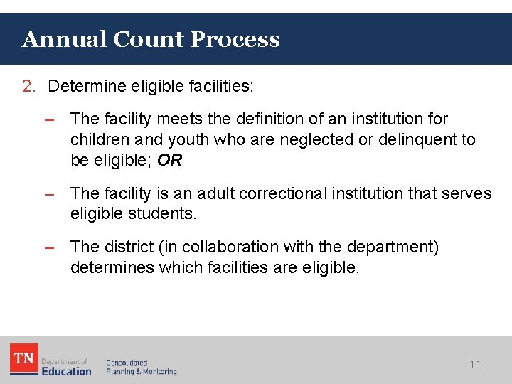 Annual Count Process 2. Determine eligible facilities: – The facility meets the definition of