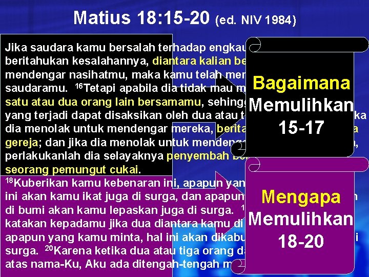 Matius 18: 15 -20 (ed. NIV 1984) Jika saudara kamu bersalah terhadap engkau, pergi