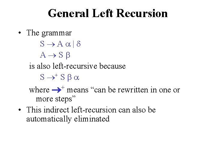 General Left Recursion • The grammar S A | A S is also left-recursive