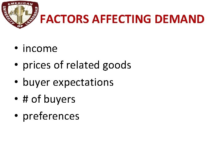 FACTORS AFFECTING DEMAND • • • income prices of related goods buyer expectations #