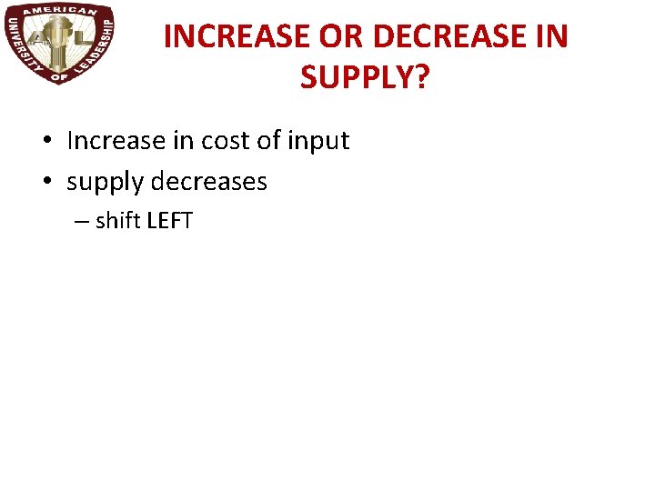 INCREASE OR DECREASE IN SUPPLY? • Increase in cost of input • supply decreases