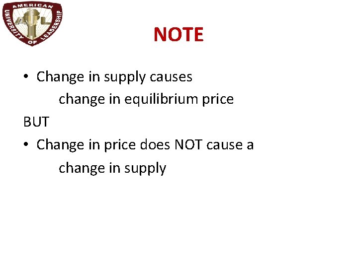 NOTE • Change in supply causes change in equilibrium price BUT • Change in