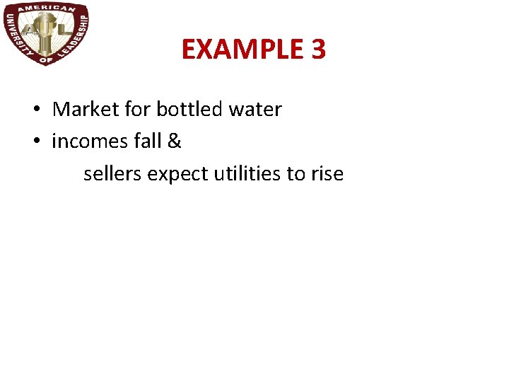 EXAMPLE 3 • Market for bottled water • incomes fall & sellers expect utilities