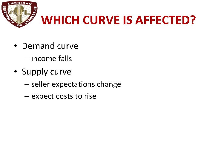 WHICH CURVE IS AFFECTED? • Demand curve – income falls • Supply curve –