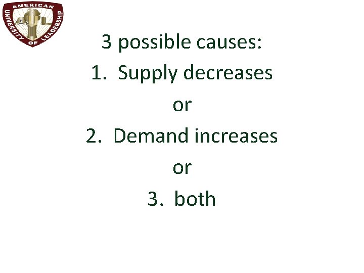 3 possible causes: 1. Supply decreases or 2. Demand increases or 3. both 