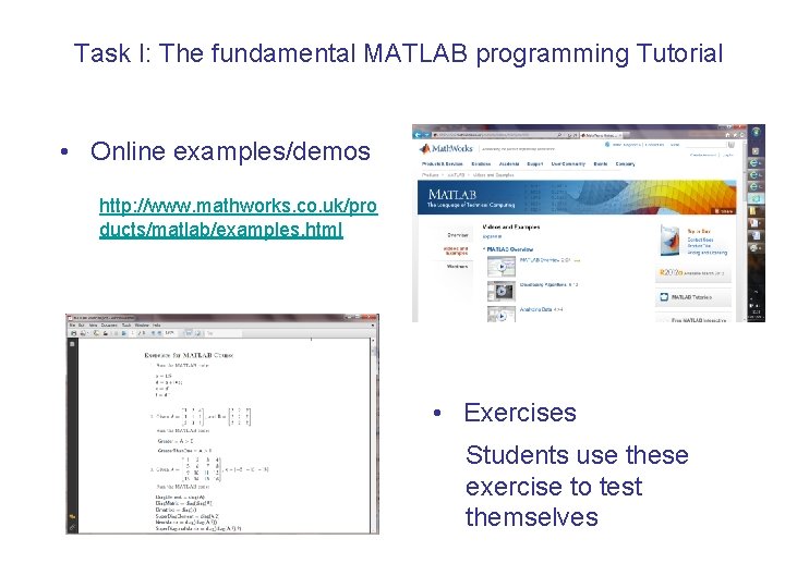 Task I: The fundamental MATLAB programming Tutorial • Online examples/demos http: //www. mathworks. co.