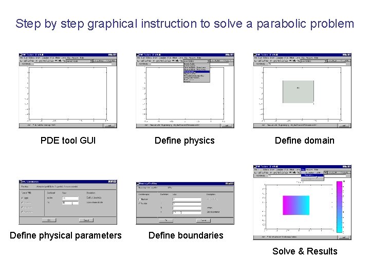 Step by step graphical instruction to solve a parabolic problem PDE tool GUI Define