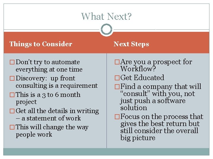 What Next? Things to Consider Next Steps � Don’t try to automate �Are you