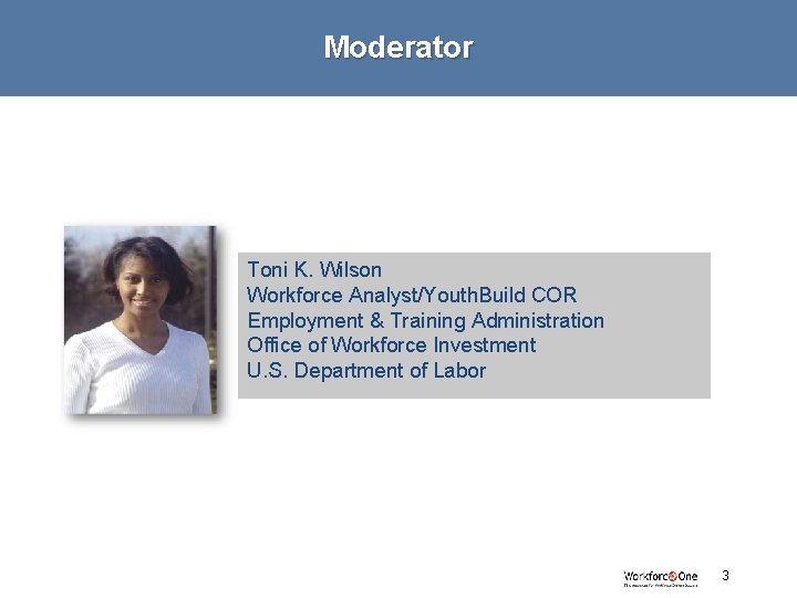 Moderator Toni K. Wilson Workforce Analyst/Youth. Build COR Employment & Training Administration Office of