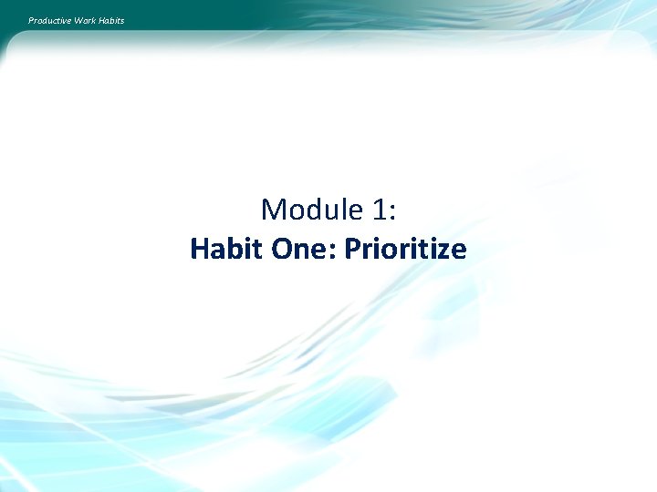 Productive Work Habits Module 1: Habit One: Prioritize 