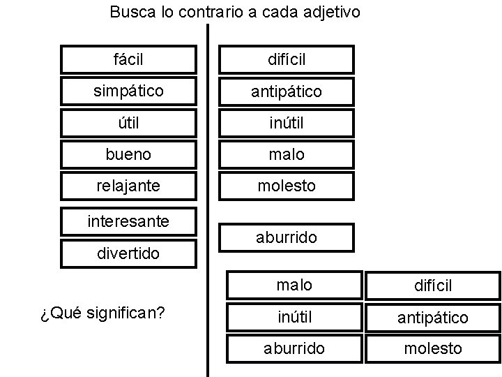 Busca lo contrario a cada adjetivo fácil difícil simpático antipático útil inútil bueno malo