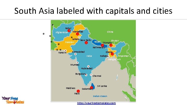 South Asia labeled with capitals and cities Kabul Afghanistan Islamabad China Lahore New Delhi
