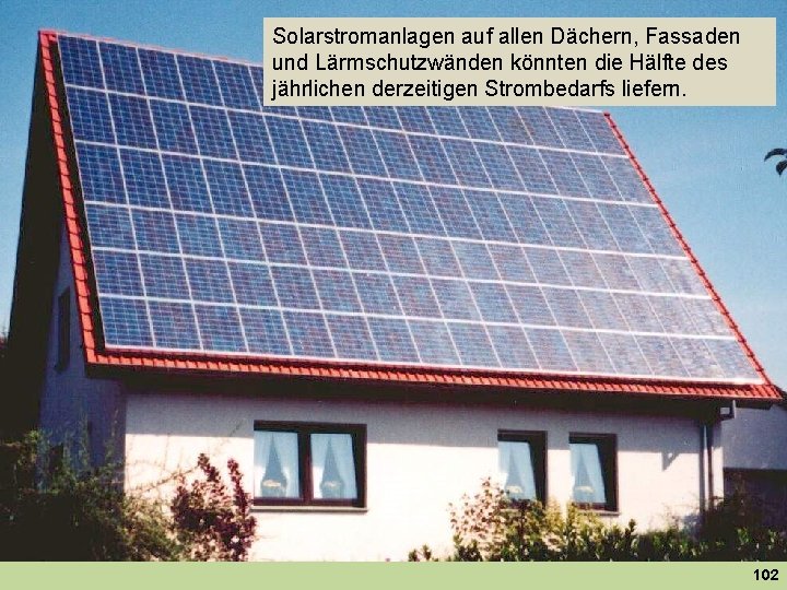 Solarstromanlagen auf allen Dächern, Fassaden und Lärmschutzwänden könnten die Hälfte des jährlichen derzeitigen Strombedarfs