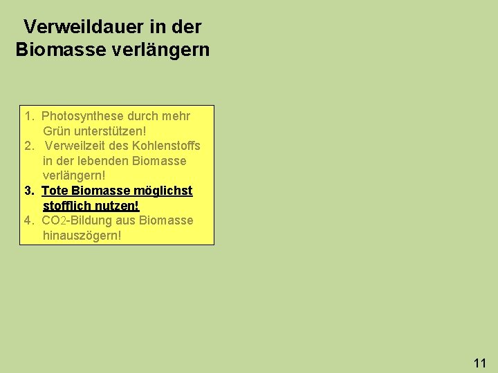 Verweildauer in der Biomasse verlängern 1. Photosynthese durch mehr Grün unterstützen! 2. Verweilzeit des