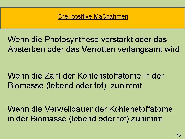 Drei positive Maßnahmen Wenn die Photosynthese verstärkt oder das Absterben oder das Verrotten verlangsamt