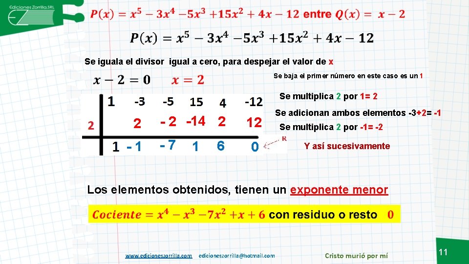 Se iguala el divisor igual a cero, para despejar el valor de x Se