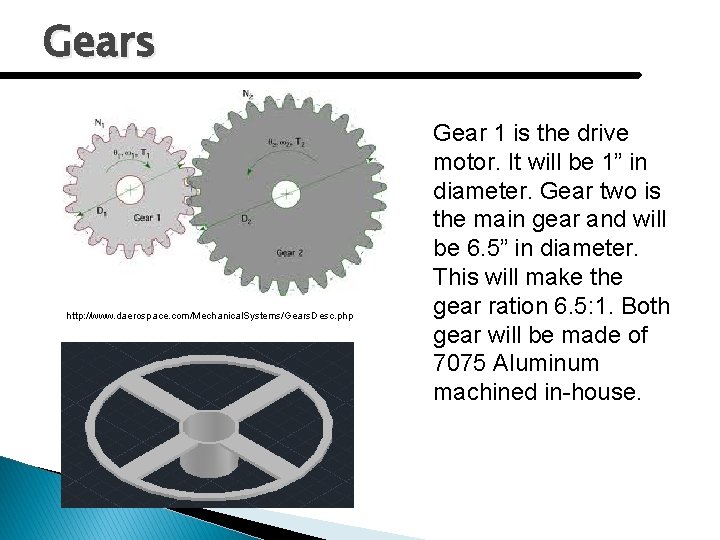 Gears http: //www. daerospace. com/Mechanical. Systems/Gears. Desc. php Gear 1 is the drive motor.