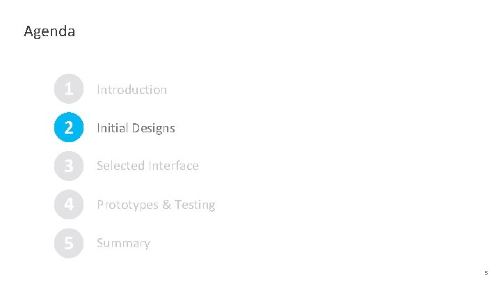 Agenda 1 Introduction 2 Initial Designs 3 Selected Interface 4 Prototypes & Testing 5