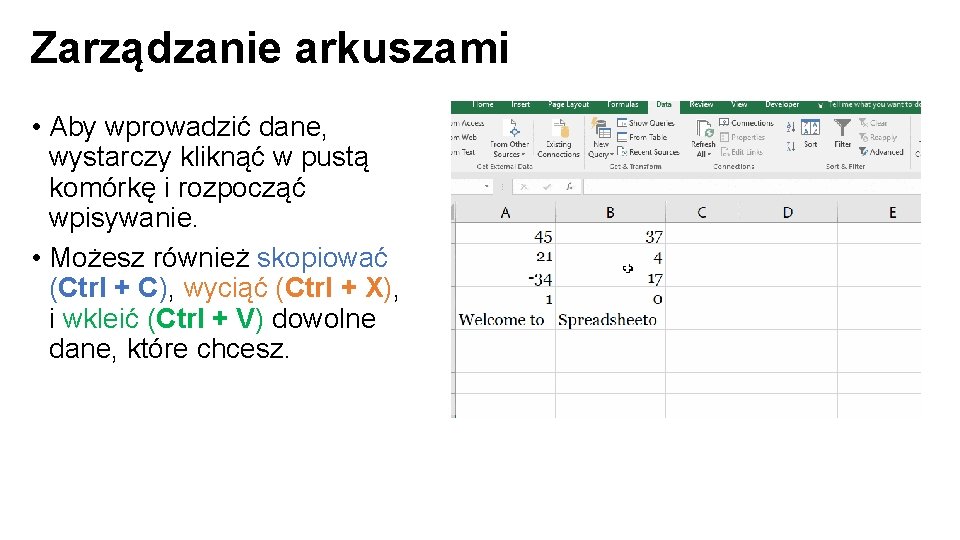 Zarządzanie arkuszami • Aby wprowadzić dane, wystarczy kliknąć w pustą komórkę i rozpocząć wpisywanie.