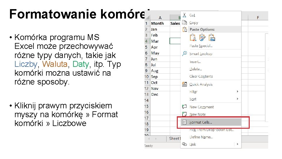 Formatowanie komórek • Komórka programu MS Excel może przechowywać różne typy danych, takie jak
