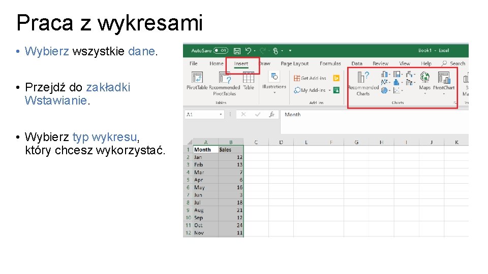 Praca z wykresami • Wybierz wszystkie dane. • Przejdź do zakładki Wstawianie. • Wybierz