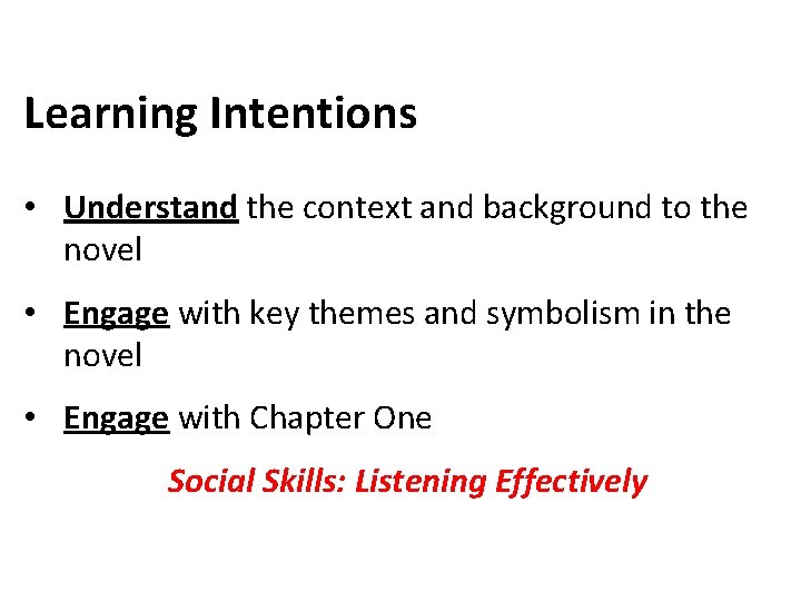 Learning Intentions • Understand the context and background to the novel • Engage with