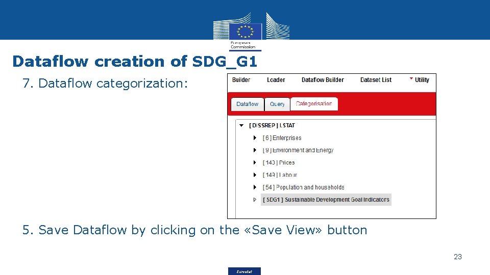 Dataflow creation of SDG_G 1 7. Dataflow categorization: 5. Save Dataflow by clicking on