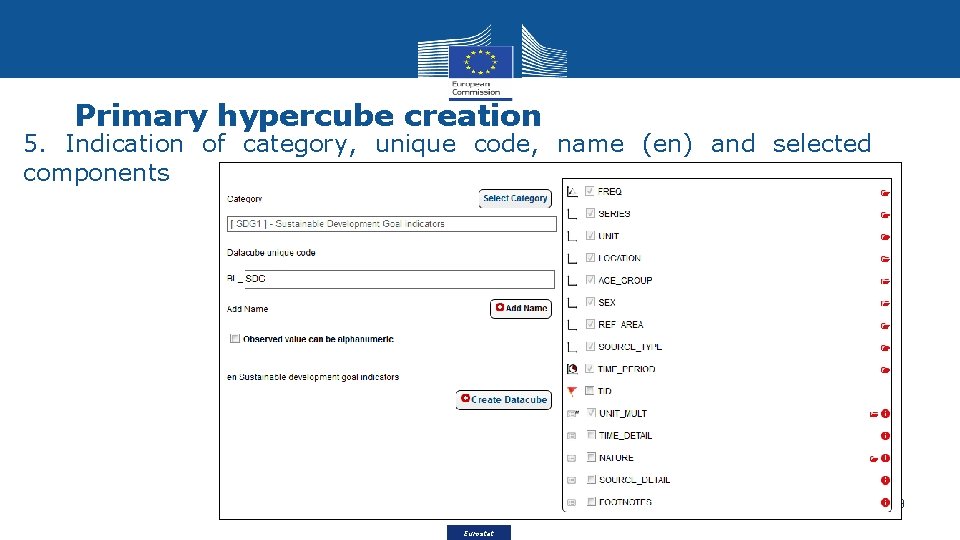 Primary hypercube creation 5. Indication of category, unique code, name (en) and selected components