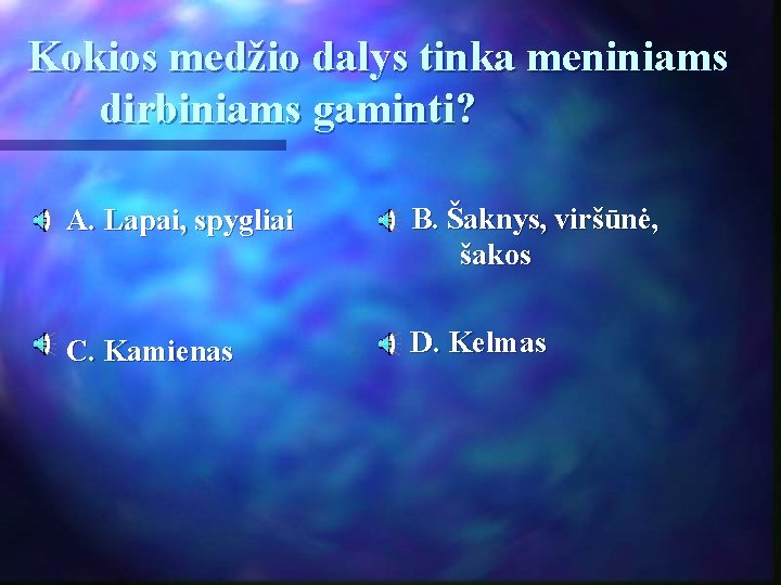 Kokios medžio dalys tinka meniniams dirbiniams gaminti? A. Lapai, spygliai B. Šaknys, viršūnė, šakos