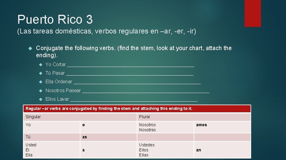 Puerto Rico 3 (Las tareas domésticas, verbos regulares en –ar, -er, -ir) Conjugate the