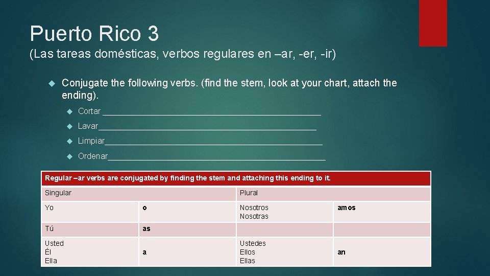 Puerto Rico 3 (Las tareas domésticas, verbos regulares en –ar, -er, -ir) Conjugate the