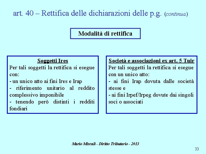 art. 40 – Rettifica delle dichiarazioni delle p. g. (continua) Modalità di rettifica Soggetti