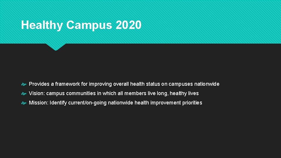 Healthy Campus 2020 Provides a framework for improving overall health status on campuses nationwide